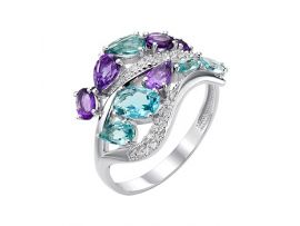 Серебряное кольцо с аметистом, фианитами и параиба