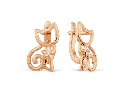 Детские золотые серьги «Кошки» с фианитами